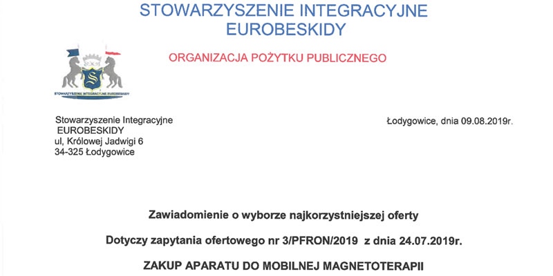 Zawiadomienie o wyborze najkorzystniejszej oferty